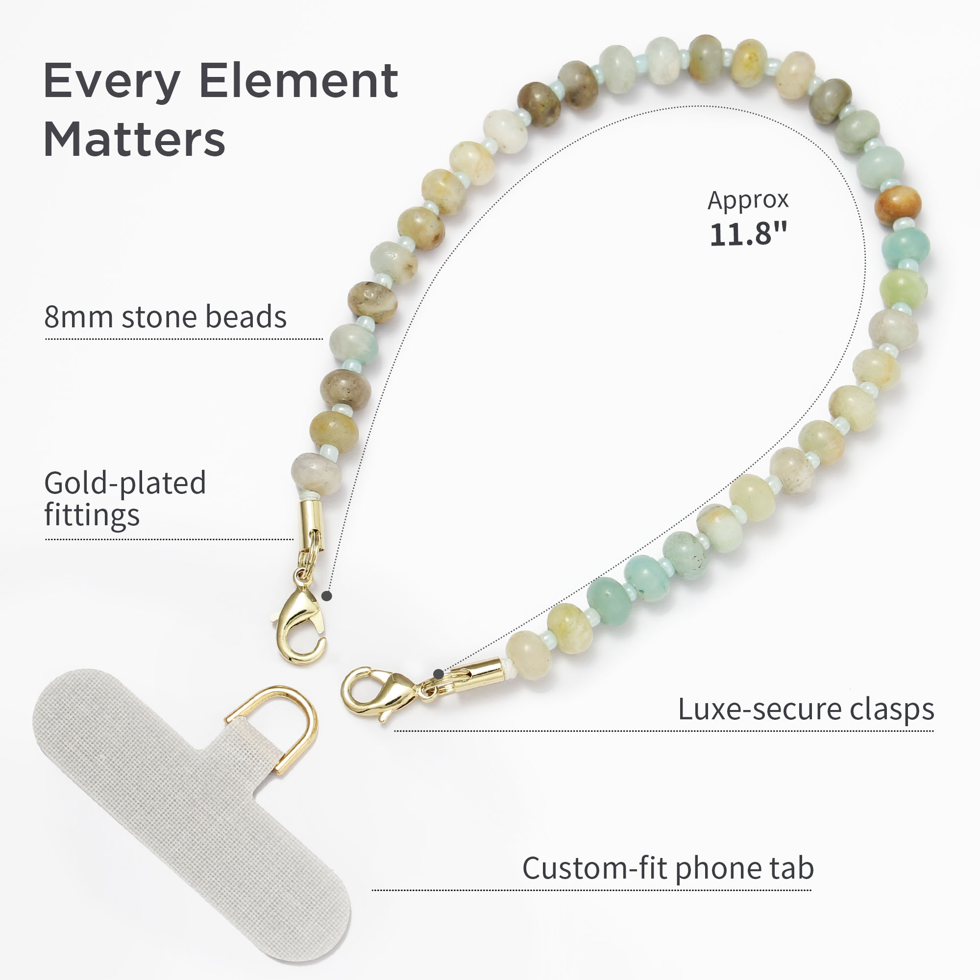 Posadina Natural Stone Phone Charm, Beaded Healing Phone Wrist Strap, Handmade Cellphone Chain Lanyard with Tether Tab - Image 5