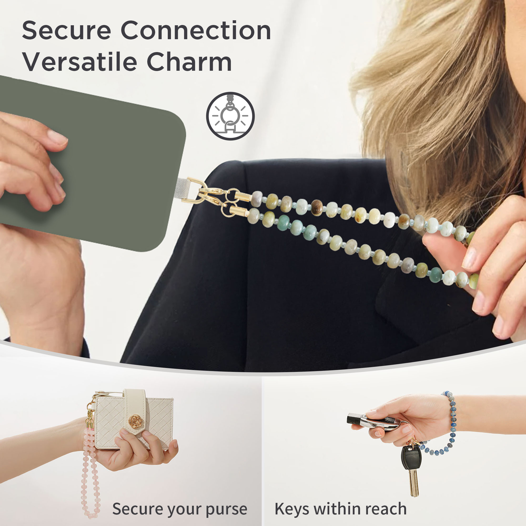 Posadina Natural Stone Phone Charm, Beaded Healing Phone Wrist Strap, Handmade Cellphone Chain Lanyard with Tether Tab - Image 6