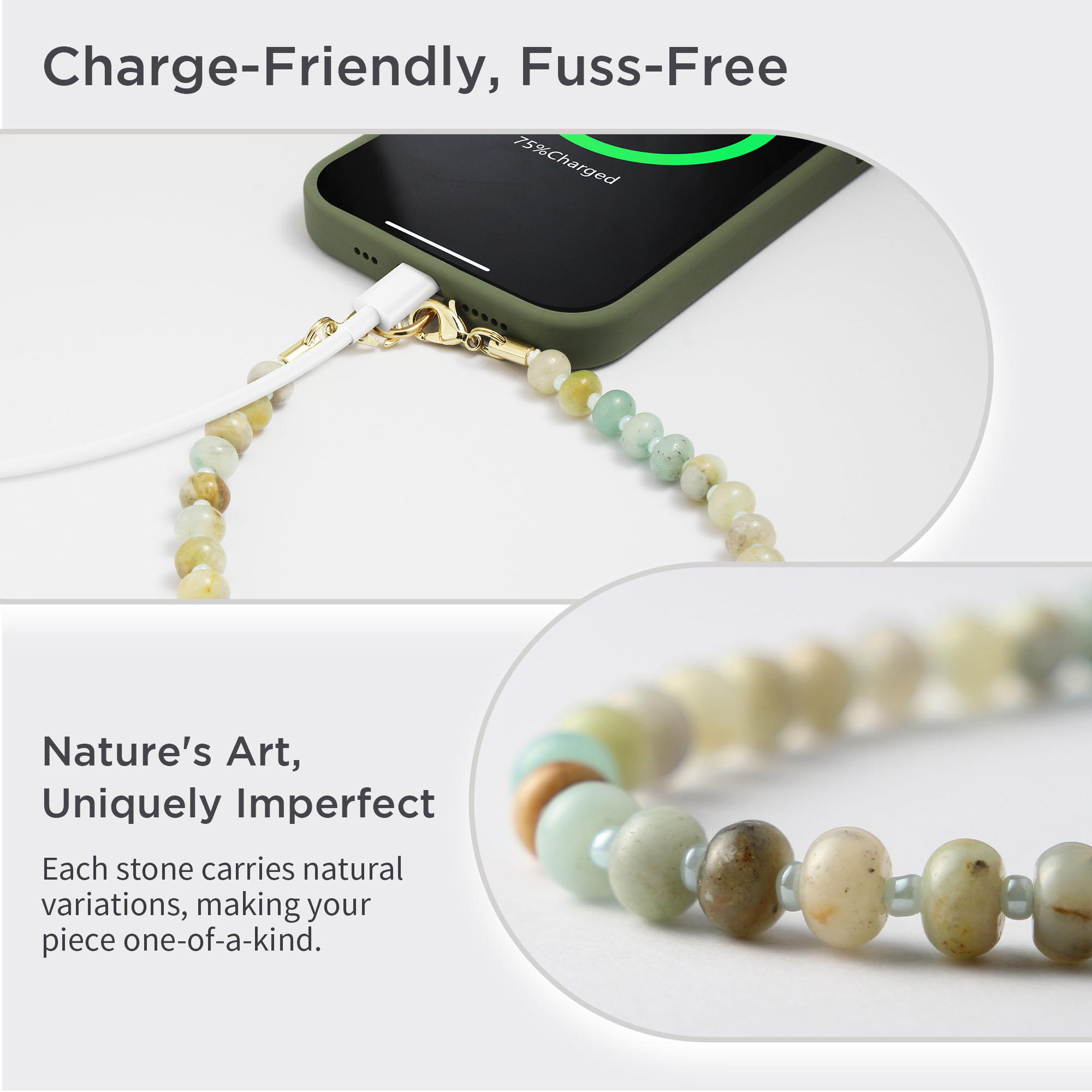 Posadina Natural Stone Phone Charm, Beaded Healing Phone Wrist Strap, Handmade Cellphone Chain Lanyard with Tether Tab - Image 3